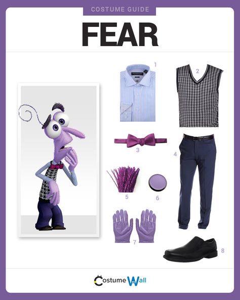 Dress Like Fear from the movie, Inside Out. See more costumes and cosplays of Fear. Fear From Inside Out Costume, Inside Out Outfits, Fear Inside Out Costume, Costume Wall, Fear Inside Out, Inside Out Costume, Movie Inside Out, Inside Out Characters, Costume Guide