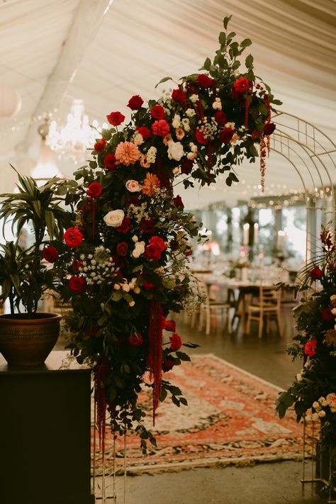 Gorgeous Red Flower Arch for Marquee Wedding | By Adam and Grace | Emma Beaumont Wedding Dress | Church Wedding Ceremony | White Flower Crown for Bride | Bridesmaid Flower Crown | Mismatched Bridesmaid Dresses | Country House Wedding | Red Wedding Flowers | Flower Arch | Wedding Flower Arrangments | Wedding Decor Red Flower Arch, Isle Decor, Grace Wedding Dress, White Wedding Arch, Red And White Weddings, Red Wedding Theme, White Roses Wedding, Church Wedding Decorations, Red Rose Wedding