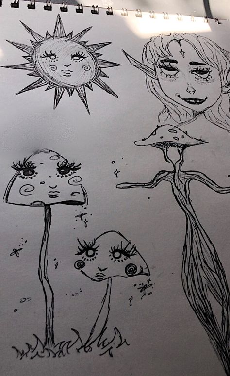 Weird Mushroom Drawing, Eye Mushroom Art, Nature Doodles Aesthetic, Fairy Eyes Drawing, Mashrooms Drawing Indie Easy, Flowers With Eyes Drawing, Fairy Mushroom Drawing, Fairy Aesthetic Drawing, Pen Doodles Aesthetic