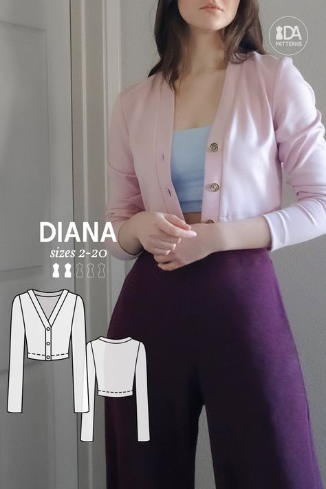 DIANA Cropped Cardigan PDF Digital Sewing Pattern for Women Sizes 2-20 A captivatingly elegant and romantic display of classic royal simplicity, this Diana V-neck cropped cardigan is made of stretchy knit fabric, dressing your body in comfortable beauty. Cardigan Diy, Stylish Sewing Patterns, Sewing Dresses For Women, Unique Sewing Patterns, Modern Sewing Patterns, Patterned Cardigans, Easy Sewing Patterns, Diy Sewing Clothes, Sewing Lessons