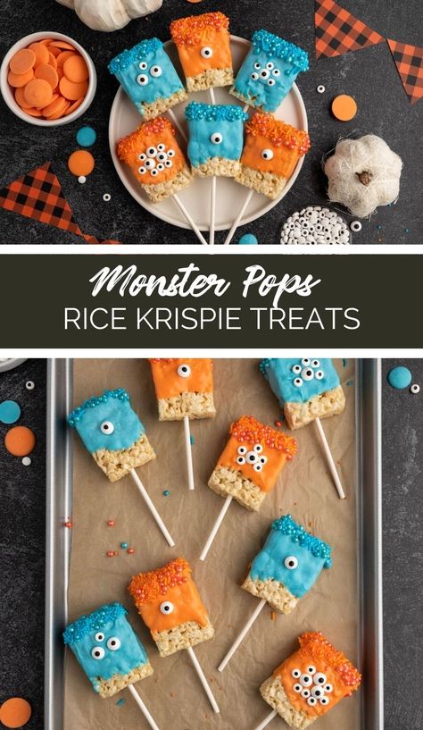 Looking for the perfect snack for a Halloween party or a monster movie night? Try these adorable Monster Pops Rice Krispie Treats! via @familyfresh Monster Rice Krispie Treats, Homemade Rice Krispies, Monster Snacks, Homemade Rice Krispies Treats, Scary Movie Night, Bread Booze Bacon, Monster Treats, Circus Animal Cookie, Wilton Candy Melts