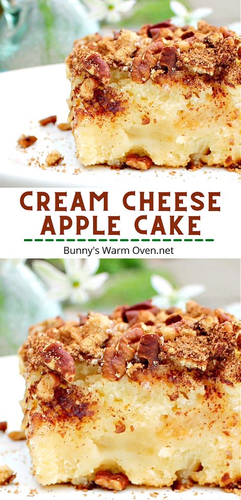 Cream Cheese Apple Cake sitting on a white dessert plate. Cinnamon Cream Cheese Bars, Hospitality Meals, Deserts With Cream Cheese, Cream Cheese Desserts Easy, Cream Cheese Cake Recipes, Recipes Using Cream Cheese, Cream Cheese Recipes Dessert, Recipe Using Apples, Cheese Bars