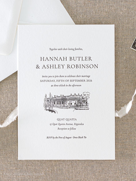 Wedding invitations with a venue illustration of Quat Quatta Black And White Invitation Suite, Old Money Wedding Invitations, Quat Quatta, Old Money Wedding, Wedding Invitations Classic, Embossed Wedding Invitations, Money Wedding, Venue Illustration, Classic Invitation