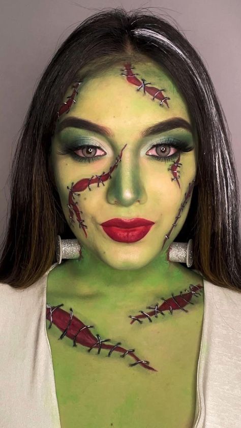 Girl Frankenstein, Halloween Makeup Ideas For Women, Frankenstein Makeup, Frankenstein Costume, Creepy Makeup, Makeup Colorful, Halloween Costumes For Teens Girls, Cute Zombie, Creepy Halloween Makeup