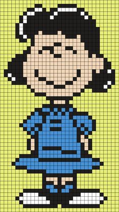 Lucy From Snoopy And The Peanuts Gang Perler Bead Pattern / Bead Sprite Peanuts Gang Cross Stitch Patterns, Peanuts Perler Bead Patterns, Peanuts Perler Beads, Peanuts Pixel Art, Peanuts Cross Stitch, Peanuts Cross Stitch Patterns, Beaded Snoopy, Kandi Cuffs, Stitch Character