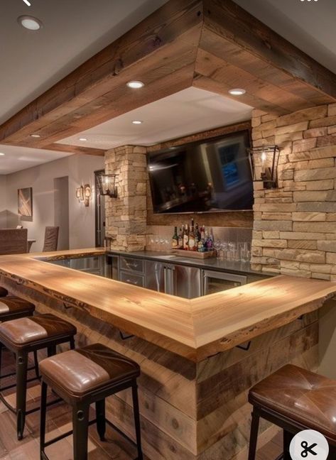 Indoor Bars For Home, Home Bar Designs Luxury, Home Pub Ideas, Back Bar Design, Basement Bar Area, Basement Family Rooms, Bar Design Ideas, Basement Bar Plans, Game Room Ideas