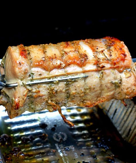 Rotisserie Pork Loin with Garlic, Rosemary, and Fennel | Pork Recipes | Weber Grills Rotisserie Pork Loin, Rotisserie Pork Tenderloin, Boneless Pork Loin Roast, Grilling Recipes Pork, Bbq Rotisserie, Smoked Pork Loin, Pork Loin Roast Recipes, Weber Grills, Boneless Pork Loin