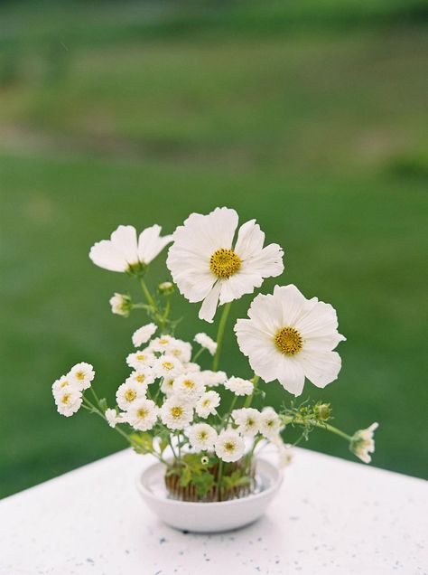 Delicate Flower Centerpiece, White Flower Frog Arrangement, Very Small Flower Arrangements, Small All White Flower Arrangements, Cottagecore Table Centerpieces, Modern White Flowers Wedding, Flower Frog Centerpiece, Frog Pin Arrangement, Whimsical White Wedding Flowers