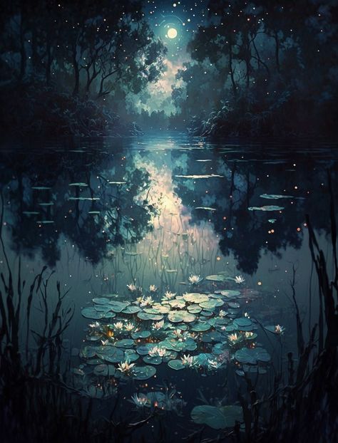 Night Pond Aesthetic, Lake At Night Painting, Forest Night Painting, Pond At Night, Gothic Landscape, Enchanted Lake, Night Lake, Castle Background, Lily Painting