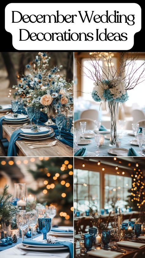 December wedding decorations for a winter-themed wedding with cozy blue accents and elegant table settings. Blue Winter Wonderland Wedding, Christmas Wedding Blue, New Year Wedding Ideas, Snow Wedding Theme, Blue Winter Wedding Theme, Winter Wedding Decorations Elegant, Blue Winter Wedding Ideas, December Wedding Decorations, Elegant December Wedding