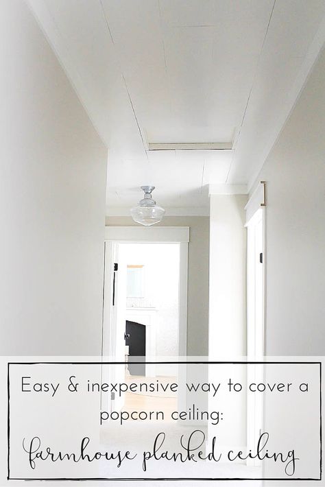 Easy and Inexpensive way to cover popcorn ceilings: A farmhouse style planked ceiling tutorial. Popcorn Ceiling Makeover, Planked Ceiling, Ceiling Remodel, Covering Popcorn Ceiling, Design Seed, Cheap Interior Design, Kids Bedroom Remodel, Plank Ceiling, Popcorn Ceiling