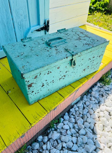 Turquoise Rustic Wedding, Blue Entryway, Farmhouse Cabin Decor, Rustic Card Box Wedding, Upcycled Garden, Farmhouse Cabin, Metal Tool Box, Industrial Home Decor, Fall Barn Wedding