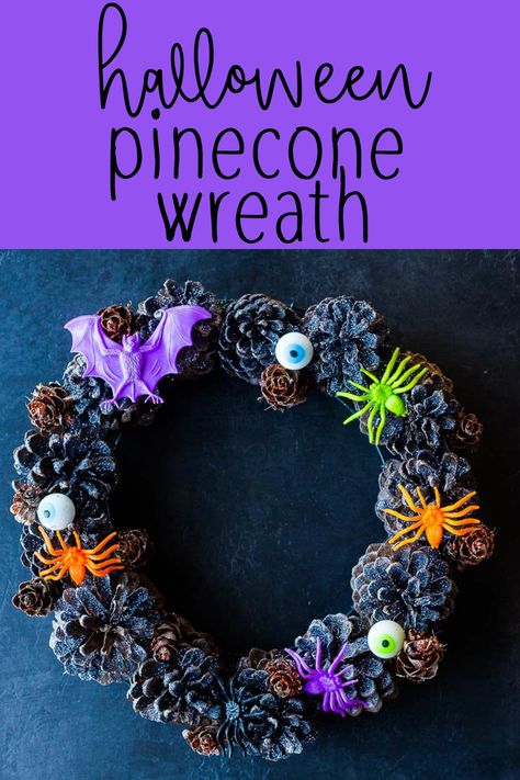 These Halloween Pinecone Wreaths are so fun to make and the perfect addition to your Halloween decor! They're cheap and easy to make and kids love to help too! Make one today and enjoy it year after year! #Halloween #Halloweencrafts #wreath #kidfriendlyactivity Halloween Pinecone Wreath, Halloween Pinecone Crafts, Pinecones Wreaths, Pinecone Wreaths, Cone Ideas, Pine Cone Flower Wreath, Halloween Arts, Deco Halloween, Pinecone Crafts