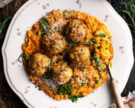 Baked Rosemary Chicken Meatballs with Tomato Orzo Rosemary Chicken Meatballs, Baked Rosemary Chicken, Tomato Orzo, The Original Dish, Rosemary Chicken, Winter Dinner, Chicken Meatballs, Orzo, Chicken Dinner