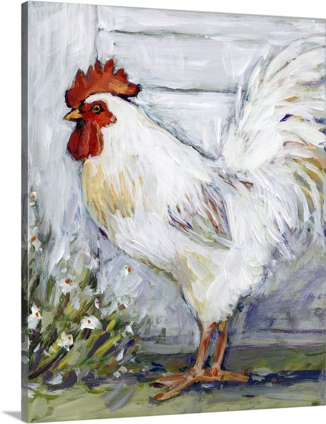 Stretched Canvas Print entitled White Rooster.  This white rooster struts his stuff in this bold abstract farm scene.  Multiple sizes available.  Primary colors within this image include Dark Forest Green, Silver, Burgundy, Gray.  Made in the USA.  Satisfaction guaranteed.  Archival-quality UV-resistant inks.  Canvases are stretched across a 1.5 inch thick wooden frame with easy-to-mount hanging hardware.  Canvas is acid-free and 20 millimeters thick. Watercolor Roosters, Rooster Paintings, Farm Scene Painting, Rooster Images, White Rooster, Chicken Pictures, Rooster Painting, Prada Marfa, Chicken Painting