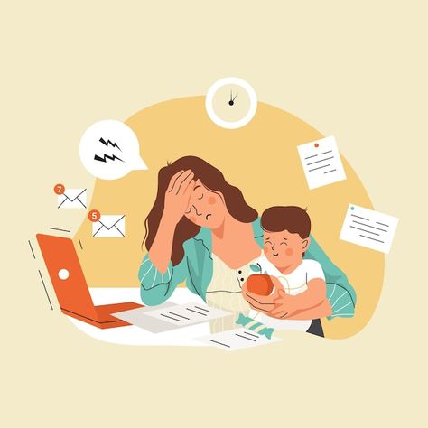 Vector tired mom trying to work, holding... | Premium Vector #Freepik #vector #working-mother #busy-mom #sad-mother #tired-mom Mother With Child, Parenting Illustration, Baby Illustration, Tired Mom, Flat Vector Illustration, Family Images, Holding Baby, Mom Art, Busy Parents