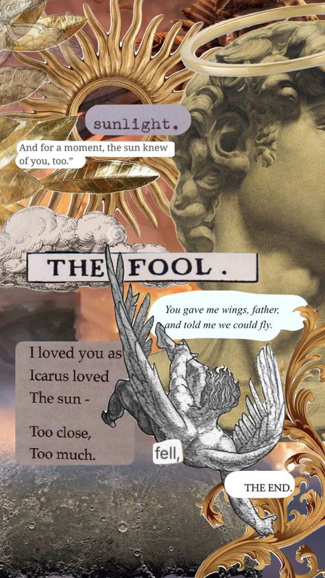 Icarus falls Mythology Poetry, Icarus Falls, Icarus Fell, Aesthetic Writing, Whimsical Art Journal, Future Wallpaper, History People, Greek Mythology Art, Greek And Roman Mythology