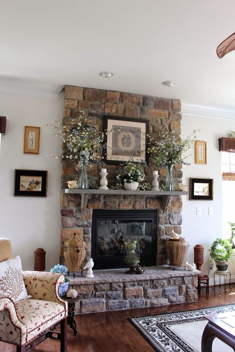 Craftsman Electric Fireplace, Brown Fireplace Decor, How To Decorate A Stone Fireplace Mantle, Mantle For Stone Fireplace, Decorate Stone Fireplace Mantle, Stone Fireplace Mantels, Tuscan Fireplace Mantle Decor, Brown Stone Fireplace, Hearth Decorating Ideas