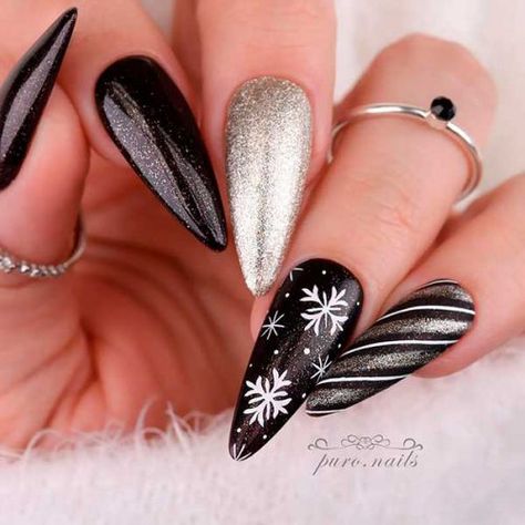 black and silver Christmas nails