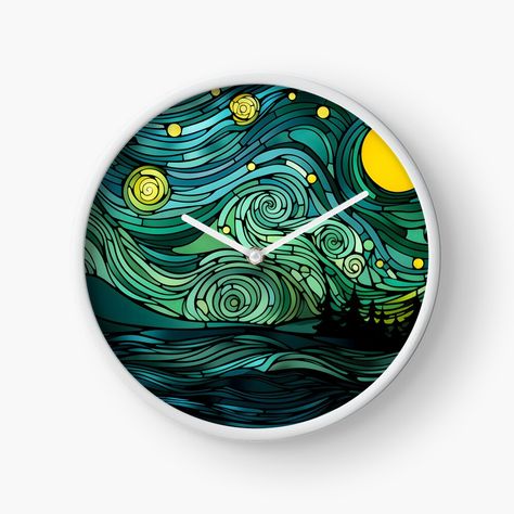 Get my art printed on awesome products. Support me at Redbubble #RBandME: https://www.redbubble.com/i/clock/Emerald-Nocturne-Starry-Night-by-unimuse/157563824.7PFC0?asc=u Stained Glass Landscape, Glass Landscape, Green Palette, Starry Night Van Gogh, The Night Sky, Vincent Van Gogh, Night Sky, Night Skies, Shades Of Green