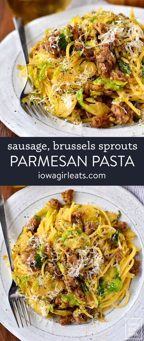 20 Minute Sausage, Brussels Sprouts and Parmesan Pasta will be on the table in no time. A filling and flavorful gluten-free dinner recipe! iowagirleats.com keywords: pasta recipes, pasta, pasta dishes, pasta dinner recipes, gluten free pasta recipes, gluten free pasta dishes Brussel Sprout And Sausage Recipes, Sausage Brussel Sprouts Pasta, Brussel Sprouts And Pasta, Brussel Sprouts With Pasta, Italian Sausage And Brussel Sprouts, Gf Pasta Recipes, No Pasta Dinner Ideas, Brussels Pasta, Gluten Free Pasta Recipes