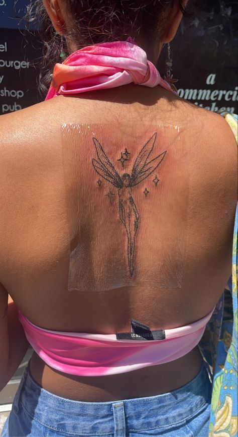 Fairy Spine Tattoo, Afro Fairy Tattoo, Black Fairy Tattoo, Pixie Wings Tattoo, Baddie Tats, Pixie Tattoo, Pixie Wings, Fairy Tattoo Designs, Black Fairy