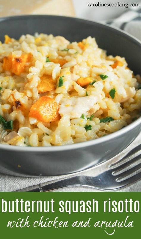 This butternut squash risotto with chicken and arugula is a deliciously comforting meal that's also a great way to use up leftover chicken (and/or squash). Yum! #butternutsquash #risotto #leftoverchicken #thanksgivingleftovers Chicken And Pumpkin Risotto, Chicken And Arugula, Risotto With Chicken, Cooked Rice Recipes, Chicory Recipe, Chicken Risotto, Squash Risotto, Chicken And Butternut Squash, Butternut Squash Risotto