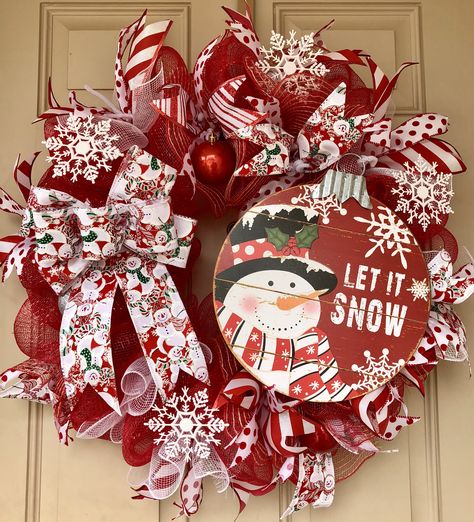 Red And White Christmas Wreath Deco Mesh, Red And White Wreath Christmas, Snowman Christmas Wreaths, Christmas Wreaths Mesh, Snowman Christmas Wreath, Red And White Christmas Wreaths, Let It Snow Wreath, Christmas Deco Mesh Wreaths, Christmas Wreath Mesh