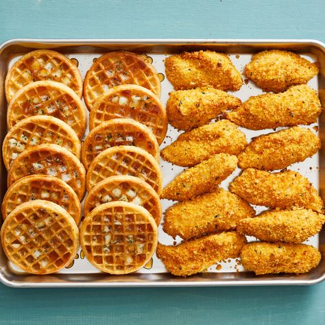 Sheet-Pan Chicken and Waffles by Food Network Kitchen Chicken And Waffles Recipe, The Kitchen Food Network, Sheet Pan Dinners Recipes, Waffles Recipe, Pan Meals, Pan Chicken, Chicken And Waffles, Sheet Pan Dinners, Waffle Recipes