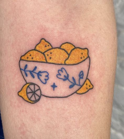 Small Yellow Tattoo, Fruit And Veggie Tattoo, Yakult Tattoo, Fruit Sticker Tattoo, Traditional Lemon Tattoo, Peas Tattoo, Lemonade Tattoo, Picnic Tattoo, Soup Tattoo