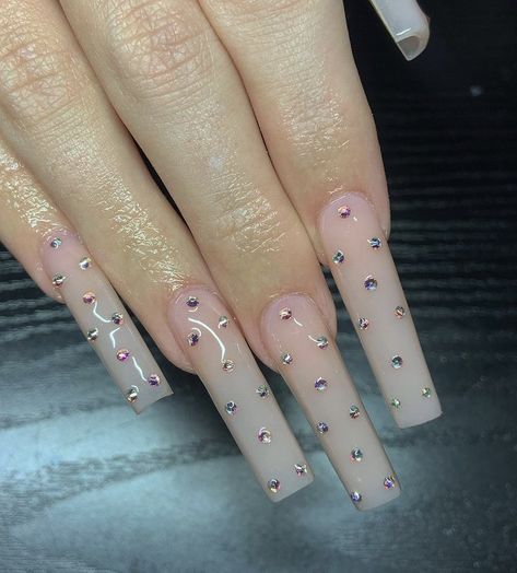 Simple Long Nails With Rhinestones, Dimond Nails Ideas, 2023 Graduation Nails, Rhinestone Nails Long, Square Acrylic Nails Bling, Acrylic Nails Bling, Nails Long Square, Nails Bling, Drip Nails