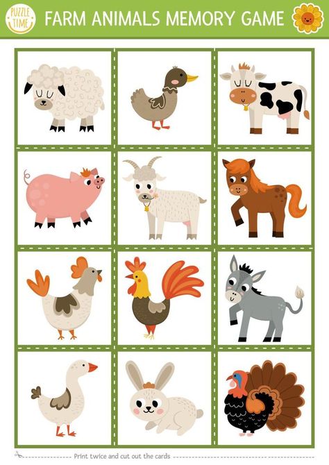 Vector farm animals and birds memory game cards with cute cow, hen, sheep, goat. On the farm matching activity. Remember and find correct card. Simple printable worksheet for kids Farm Animals Games, Farm Animals For Kids, Animal Matching Game, Farm Animals Preschool, Cute Farm Animals, Farm Preschool, Animal Worksheets, Farm Games, Free Preschool Printables