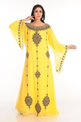 Modern Kaftan, Farasha Abaya, Zari Embroidery, Hand Embroidery Dress, Dubai Style, Moroccan Kaftan, Zari Work, Georgette Fabric, Hip Dress