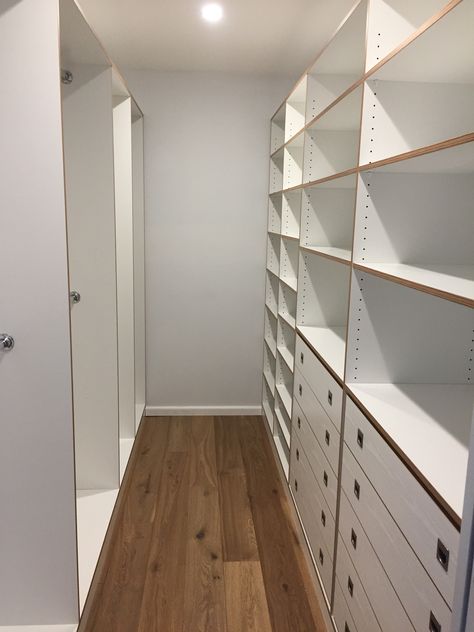 Walk-in wardrobe Walk In Wardrobe Measurements, Walk In Wardrobe Connect To Bathroom, U Shaped Walk In Robe, Walk In Wardrobe Ideas Master Bedrooms, L Shape Walk In Robe, Walk In Robe Ideas, Small Craft Rooms, Walk In Robe, Linen Cupboard