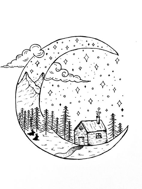 Black and white moon and wilderness sketch Winter Black And White Drawing, Christmas Pencil Drawings Easy, Black And White Sketches Simple, Black And White Coloring Pages Aesthetic, Winter Line Drawing, Winter Animal Drawings, Winter Drawings Pencil Easy, Bujo Black And White, Cute Winter Drawings Easy