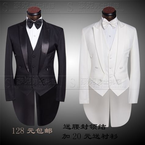 Tuxedo. I love this kind for the grim but mute pointed like a V In the back. Did anyone know the name of this kind? White Tuxedo Wedding, Black White Tuxedo, Mens White Suit, Tuxedo Prom, Suit Prom, Wedding Pants, Male Wedding, Black And White Tuxedo, Black And White Jacket