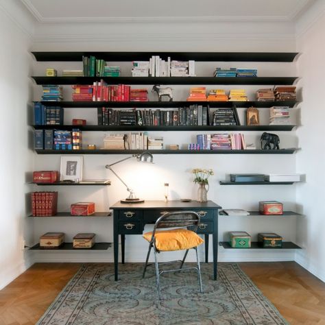 Nonuform Exilis Wall-Mounted Shelves Home Shelves Ideas, Shallow Shelves, Wall Mounted Bookshelves, Desk Inspiration, Wall Shelves Design, Bookshelf Design, Wall Bookshelves, Studio Apartments, Studio Apartment Decorating