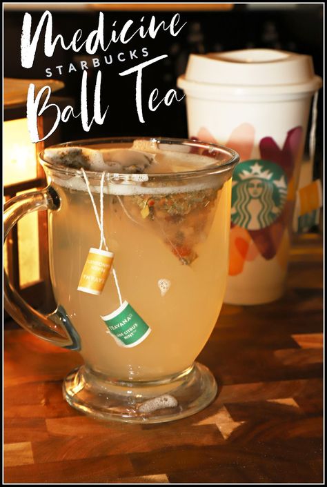 One of my favorite coffee shop drinks during the cool months is the Medicine Ball Tea from Starbucks. It is the perfect lemony warm drink if you are feeling under the weather and now I am sharing the recipe for you to make it at home! Hot Teas From Starbucks, Teas From Starbucks, Tea From Starbucks, Medicine Ball Recipe, Starbucks Medicine Ball Tea, Starbucks Medicine Ball Recipe, Coffee Shop Drinks, Medicine Ball Tea, Starbucks Medicine Ball