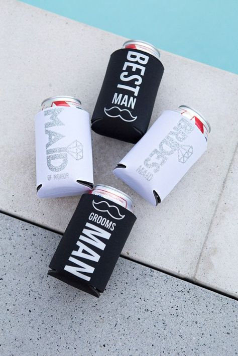 How cute are these DIY bridal party can koozies!? Wedding Reception Party Favors, Diy Bridal Party, Diy Wedding Favors Cheap, Practical Wedding Favors, Simple Wedding Favors, Wedding Reception Party, Creative Wedding Favors, Inexpensive Wedding Favors, Wedding Favor Ideas