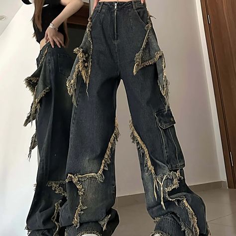 Shop Fringe Stars Rust Flared Side Pocket Grunge Jeans - At Aesthetic Clothing Store. 2023 Trendy EGirl Outfits available at itGirl Shop. Aesthetic jeans & pants goes with huge discounts Up To 60% Off. Worldwide Shipping. 4000+ Verified Reviews Star Patchwork, Style Wide Leg Pants, Grunge Jeans, Patchwork Fashion, Street Jeans, Denim Decor, Vintage Trousers, Type Of Pants, Fashion Fabric