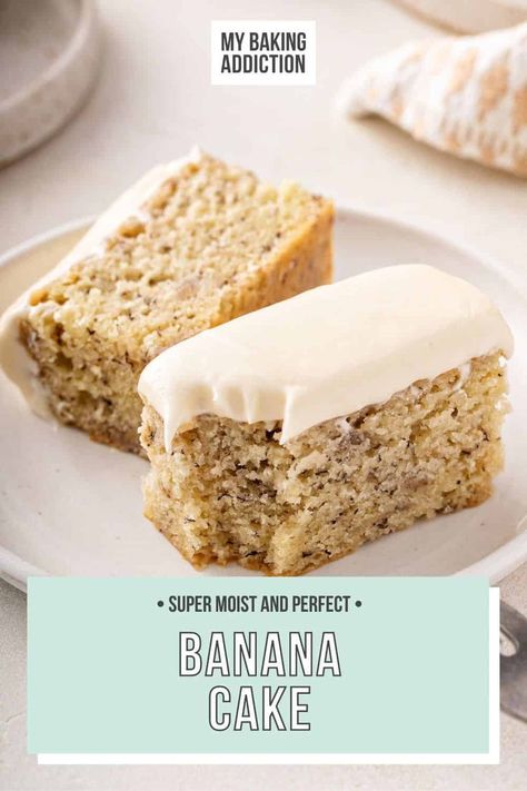 This super moist banana cake is topped with a tangy cream cheese frosting for a dessert or afternoon pick-me-up that’s impossible to beat. You’ll never believe the secret to this amazing cake: the freezer! Banana Cake Frosting Recipe, Banana Cake With Peanut Butter Frosting, Banana Cake With Cream Cheese Frosting, Banana Cake Recipe Moist, Banana Cake Frosting, Banana Sour Cream Cake, Best Ever Banana Cake, Easy Banana Cake, Moist Banana Cake