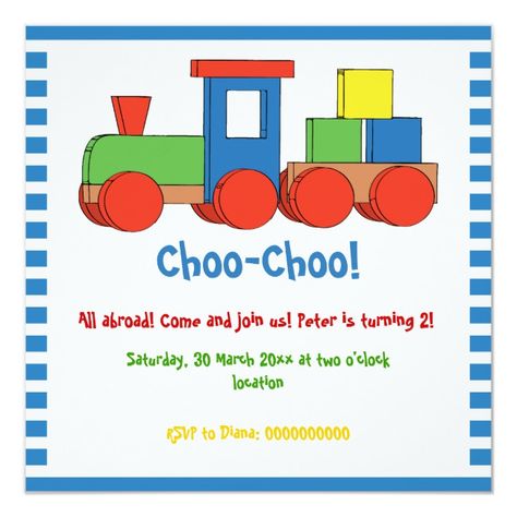 Cute train kids birthday blue white stripes invitation #train #birthday #kids #children #cute #invitation Train Birthday Theme, Train Birthday Invitation, Train Invitation, Square Invitation, Cute Invitation, Red White Stripes, Colorful Invitations, Choo Choo Train, Train Birthday