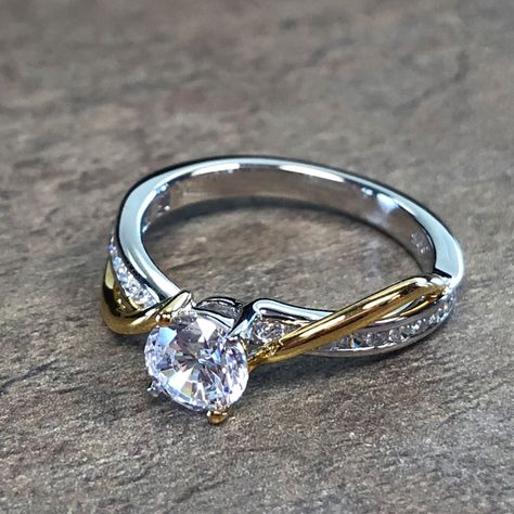 14K Two Tone Twisting Diamond Accent Engagement Ring - $1899 Dual Tone Engagement Ring, Engagement Ring Mixed Metals, Engagement Rings Two Tone, Two Tone Engagement Ring Mixed Metals, Two Toned Engagement Ring, Two Tone Wedding Ring, Two Tone Engagement Ring, Accent Engagement Ring, Two Tone Engagement Rings