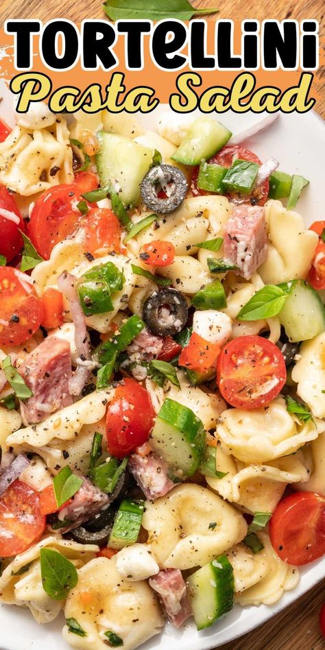 A cheese Tortellini Pasta Salad belongs at every summer barbecue, picnic, and potluck! It’s an easy-to-make cold side featuring pillowy cheese-filled pasta, fresh vegetables, mozzarella pearls, and tons of flavor. Doused in a delicious Italian dressing, this stress-free dish delivers bold flavors in every bite! Cheese Tortellini Pasta Salad, Cheese Tortellini Pasta, Summer Potluck Dishes, Tortellini Pasta Salad Recipes, Tortellini Pasta Salad, Cold Side Dishes, Pasta Fresh, Mozzarella Pearls, Chicken Bacon Ranch Pasta