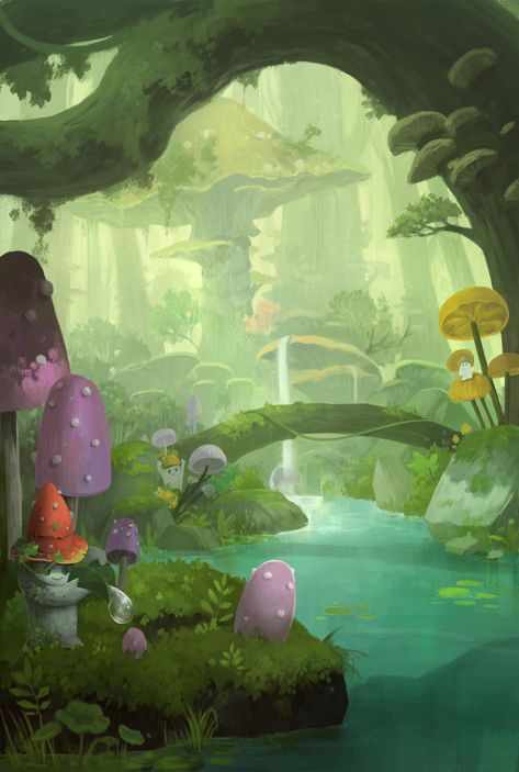 Mushroom Forest Illustration, Mushroom Forest Painting, Mushroom Forest Art, Fantasy Mushroom Forest, Mushroom Land, Mushrooms Illustration, Cartoon Forest, Illustration Forest, Mushrooms Forest