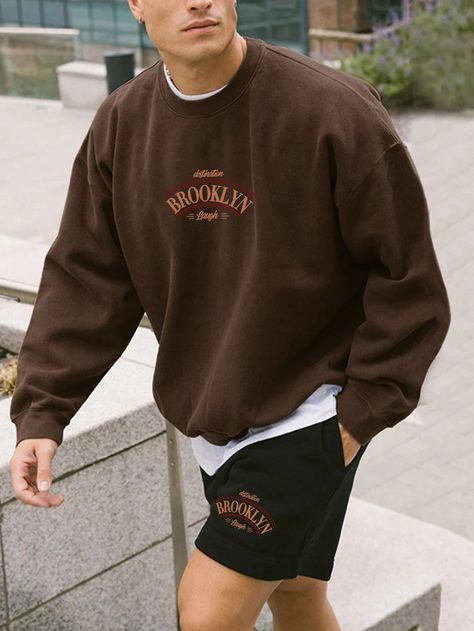 2pcs Men's Casual Crew Neck Long Sleeve Sweatshirt And Shorts Set With Graphic Print, Spring Autumn Coffee Brown Casual    Colorblock,Letter  Slight Stretch  Men Clothing, size features are:Bust: ,Length: ,Sleeve Length: Crewneck Outfit Men, Sweatshirt And Shorts, Crewneck Outfit, Mens Shorts Outfits, Men Plus Size, Mens Outfit Inspiration, Letter Print Sweatshirt, Casual Summer Tops, Sweatshirt Outfit