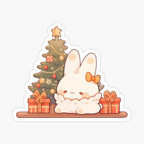 Cute Kawaii Rabbit under the Christmass Tree by CozyKawaiiArt | Redbubble Christmas Chibi, Xmas Stickers, Christmas Kawaii, Journal Decor, Kawaii Rabbit, Pusheen Cute, Stickers Ideas, Under The Christmas Tree, Kawaii Shirts