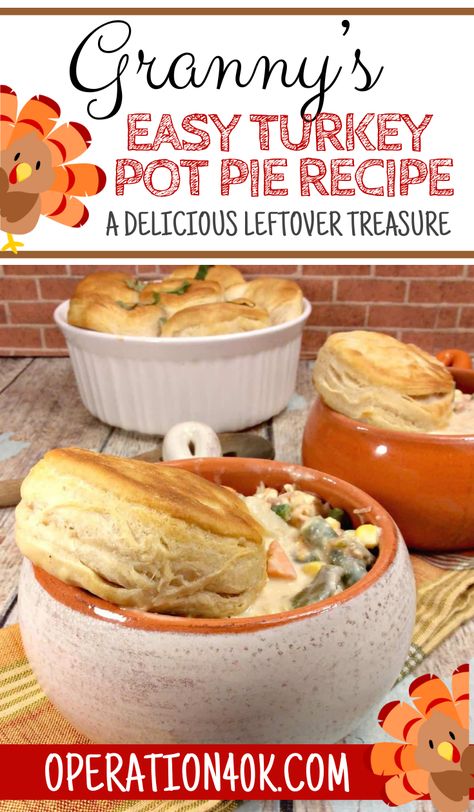 Turn your Thanksgiving leftovers into a delicious, comforting meal with Granny's Easy Turkey Pot Pie recipe. This hearty dish combines tender turkey, vegetables, and a golden biscuit topping, perfect for cozy fall dinners. Ready in just under an hour! Easy Turkey Pot Pie Recipe, Turkey Pot Pie Easy, Pot Pie Recipe Easy, Turkey Pot Pie Recipe, Leftover Chicken Breast, Fall Dinners, Turkey Pot, Thanksgiving Turkey Leftovers, Pot Pie Recipe