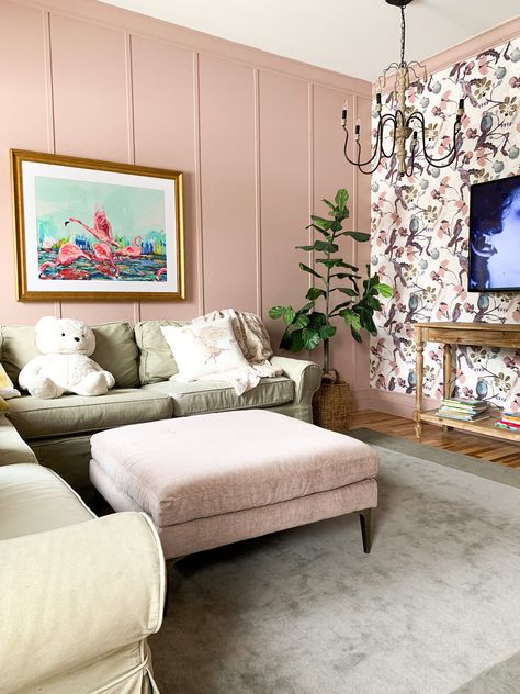 An Update On The Revamped Oak Office, Turned Movie / Tv / Play Room — COPPER CORNERS Pink Wallpaper Living Room, Walls With Wallpaper, Oak Office, Paper Walls, Pink Movies, New Paint Colors, Blush Wallpaper, Coffee Bars In Kitchen, Pink Living Room