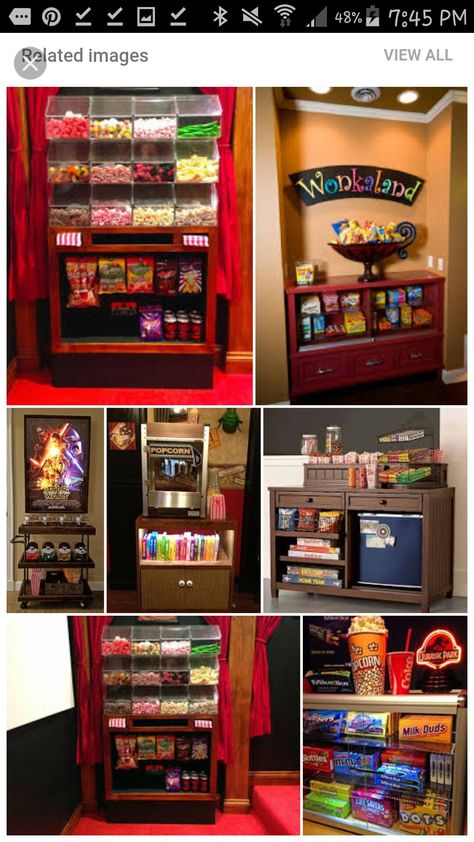 Theater Candy Station Ideas Theatre Room Snack Station, Home Candy Bar Ideas, Candy Station Ideas For Home, Home Candy Bar, Popcorn Station Home, Snack Station Ideas, Home Theater Snack Bar, Small Bar Cabinet, Small Home Theaters